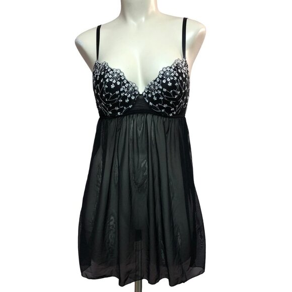 LA Vie En Rose Black W/White Embroidered Flowers Sheer Baby Doll Chemise Small - Picture 1 of 10